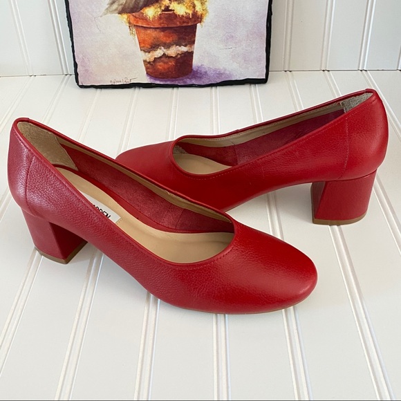 red leather block heels